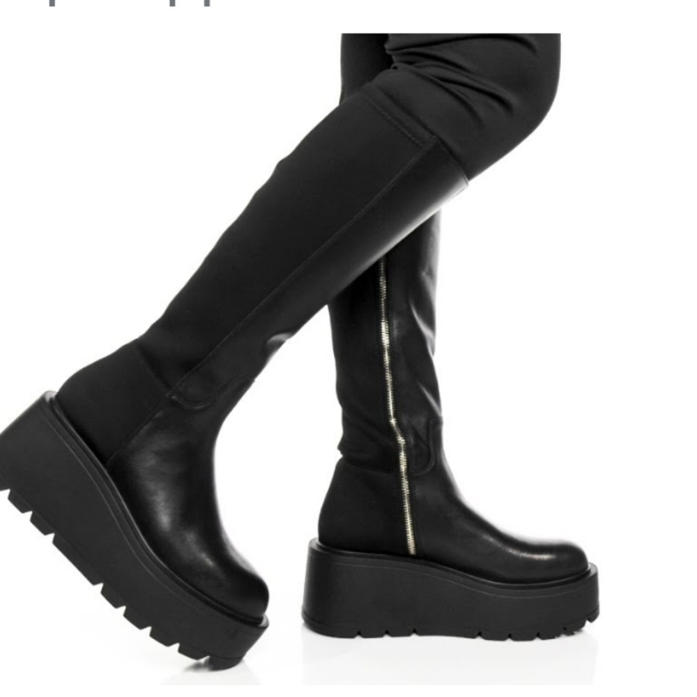 J Slides Victoria Knee High Black Leather/Lycra Platform  Goth Boots Sz 8
